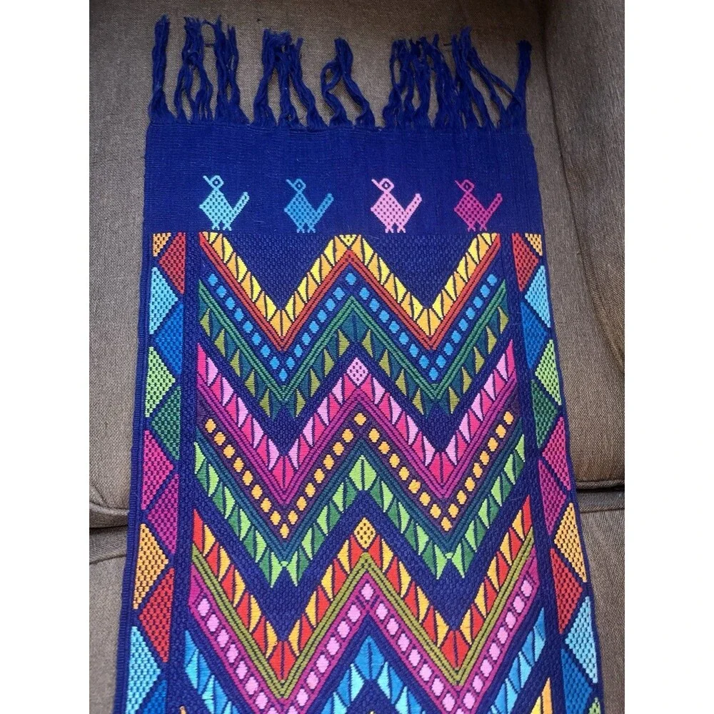 Guatemalan Woven Table Runner Blue Colorful Birds Vibrant Wall Hanging